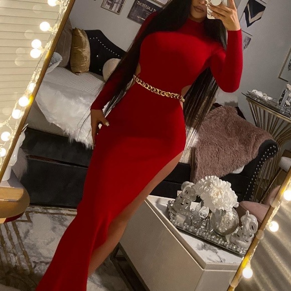 Women Cut Out Slit Red Dress Plus Belt - Picture 2 of 2